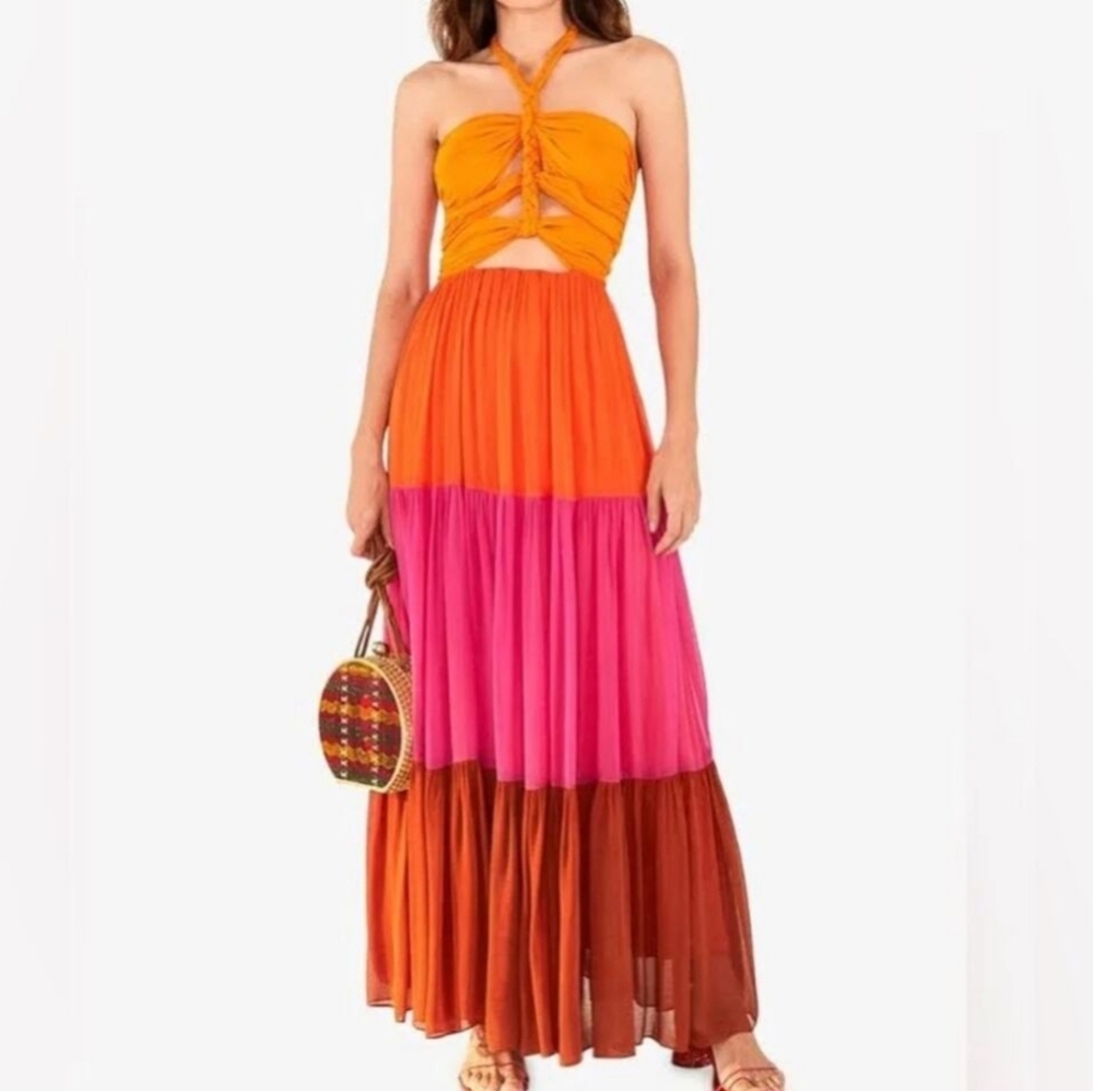 Nwt-Farm Rio Warm Color Blocking Maxi Dress Multi Size Medium